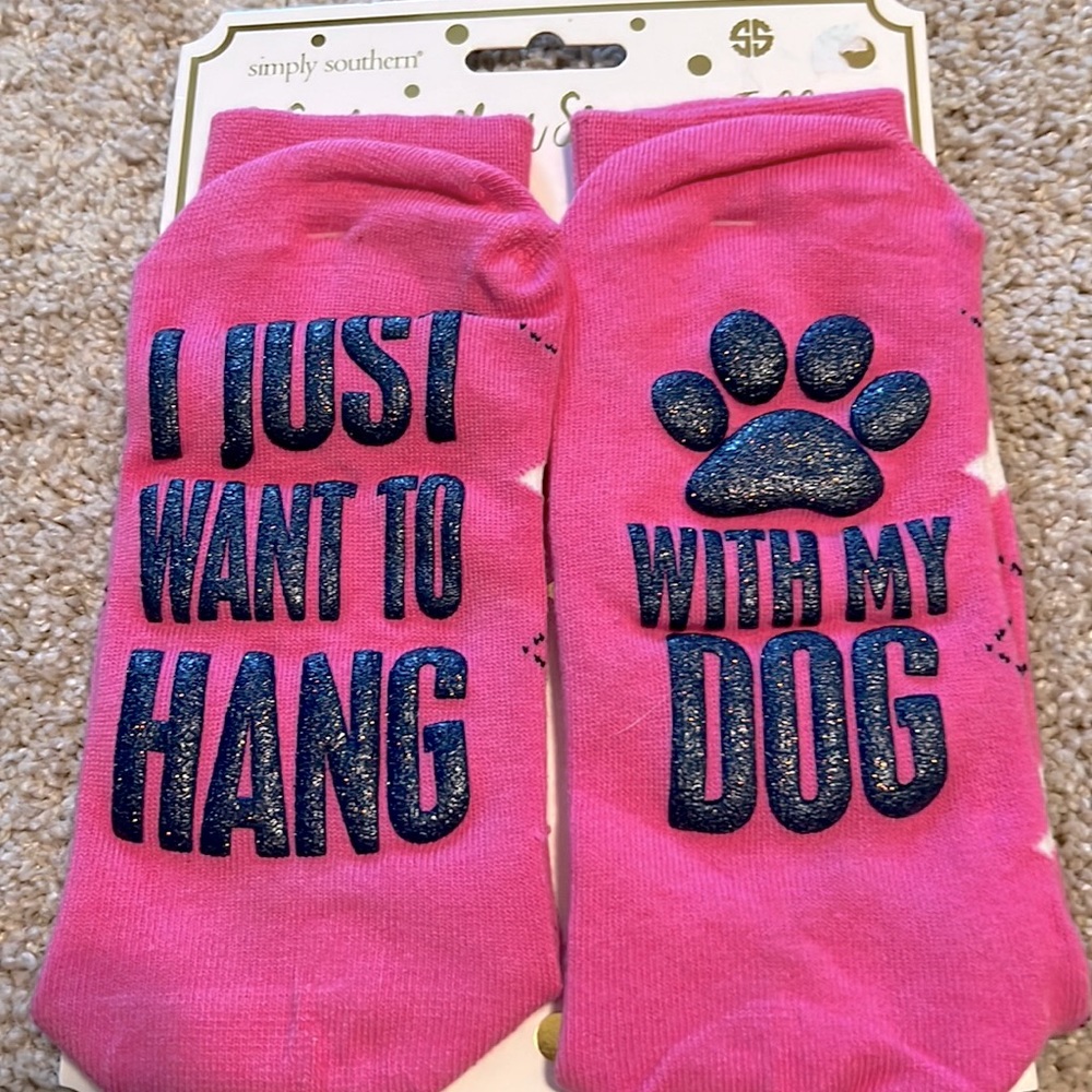 Simply Southern Socks with a story- pink/navy/white -to hang with my dog